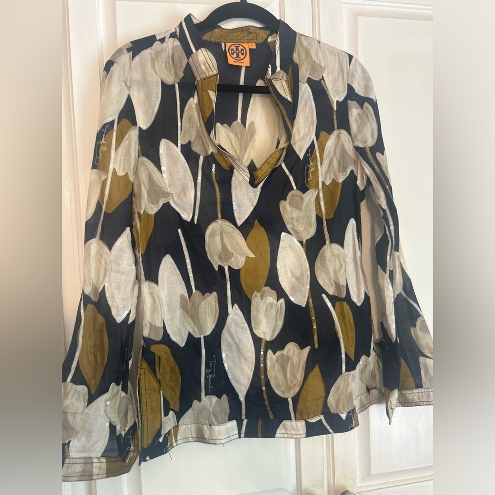 Tory Burch Navy and Gold Floral Tunic